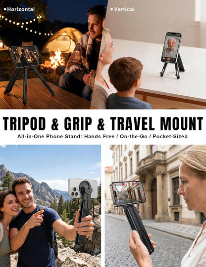 4-in-1 Foldable Laptop Stand & Magnetic Phone Holder, Silver Aerospace Aluminum Portable Desk Mount with N52 MagSafe Compatible Tripod Handle for MacBook Pro, iPad, Travel & Vlogging