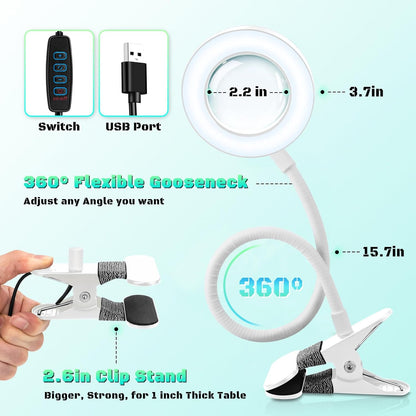 10X Magnifying Glass with Light, Clip on Mganifier with Light, 48 LED Desk Magnifying Glass wtih Clamp, 3 Modes Dimmable Magnifying LED Lamps for Bed Work Crafts DIY Repair
