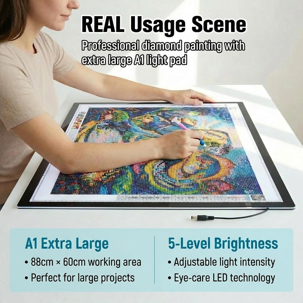 A2 Extra Large Tracing LED Light Pad for Diamond Art, Sketching, Painting - Adjustable Brightness, Sketching, Tracing - USB Powered DIY Diamond Art Light Box - No mesh No dot
