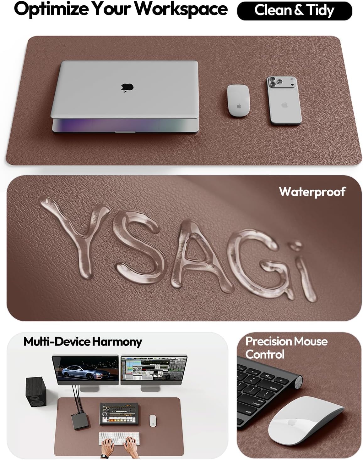 YSAGi Large Extended PU Leather Desk Pad Protector – Non-Slip Waterproof Desk Mat for Office & Home, Easy Clean Mouse Pad & Laptop Writing Blotter 35.4"x17" Black - Colors B