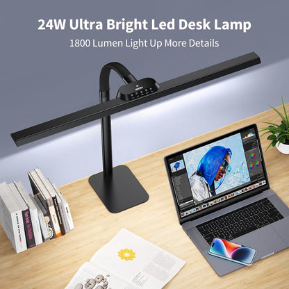 Desk Lamp with USB Charging Port for Home Office 24w Architect Remote Base Dual Task Led Light Modern 5 Color Modes Dimmable Adjustable Gooseneck Double Head Reading Drafting Eye Caring Tall Lamps