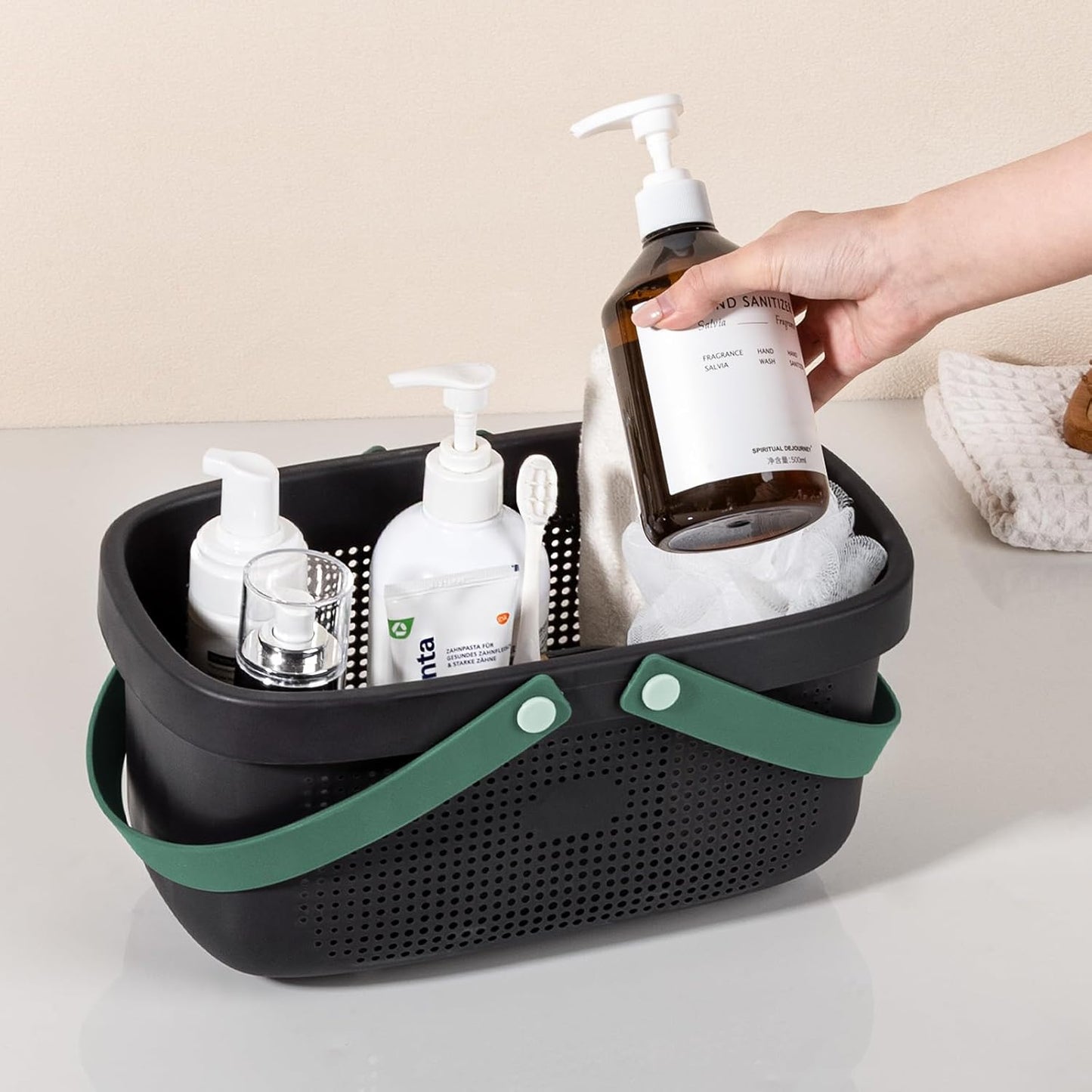 JiatuA Plastic Storage Basket with Handle Portable Shower Caddy Tote Organizer Basket Bin for Bathroom Kitchen Dorm Room Bedroom, Green