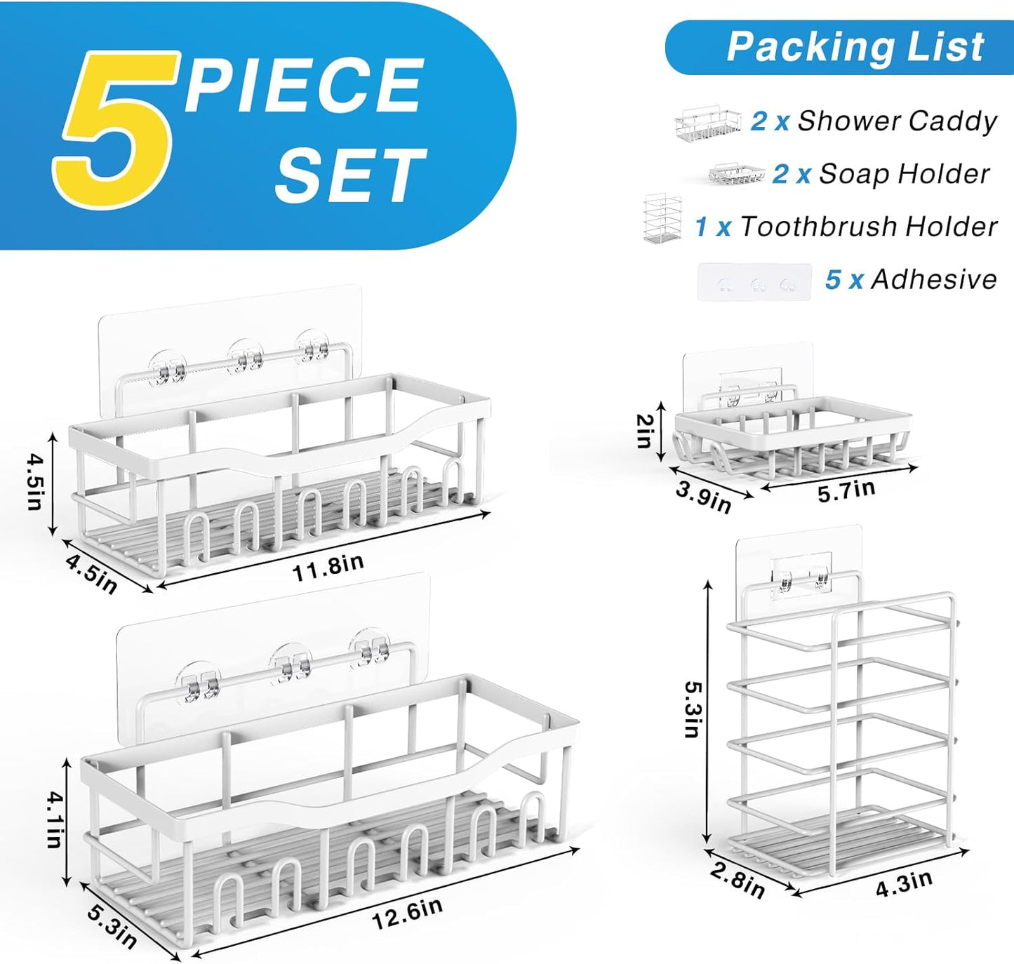 EUDELE Adhesive Shower Caddy, 5 Pack Rustproof Stainless Steel Bath Organizers With Large Capacity, No Drilling Shelves for Bathroom Storage & Home Decor