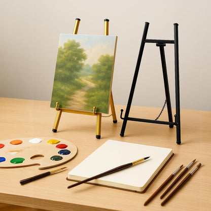 Falling in Art Metal Easel Stand, 16.5" Table Top Easel Stand for Display, Tripod Mirror Plate Stand Holder for Photos, Books and Wedding Signs, Gold