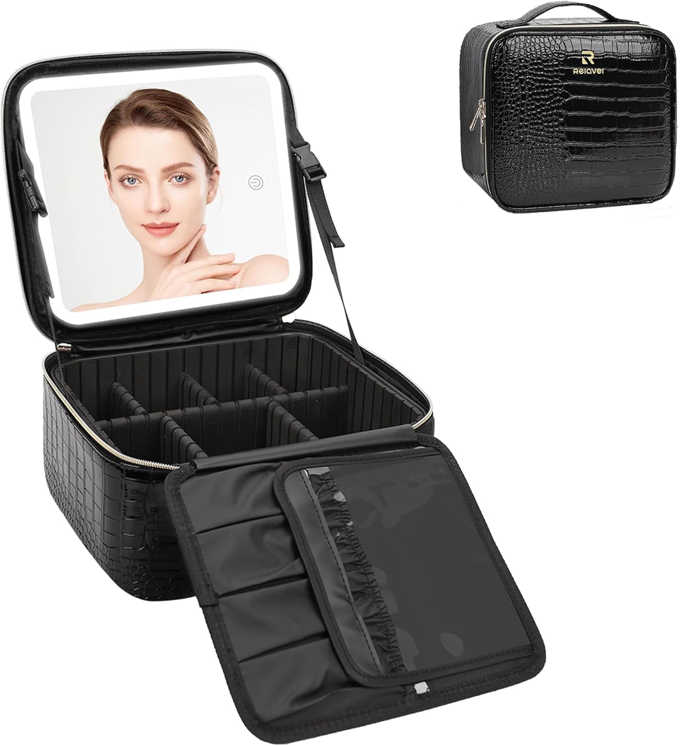 Relavel Travel Makeup Bag With LED Mirror, Cosmetic Train Case with Light up Mirror, Portable Makeup Artist Organizer Bag with Adjustable Dividers, Makeup Brush Holder Storage, Black