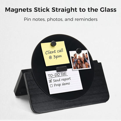Magnetic Glass Desktop Whiteboard with Solid Wood Stand, Adjustable Foldable Mini Dry Erase Board, 2-in-1 Tabletop & Hanging Glassboard with Rustic Rope, Reusable Home Office School, Black and Square
