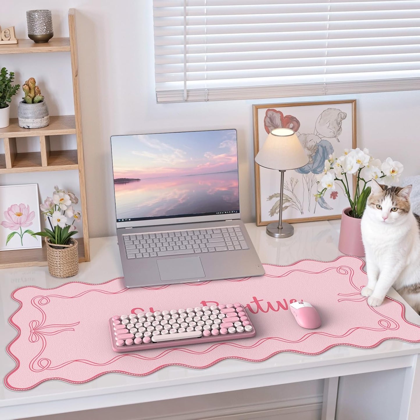 iCasso Pink Leather Desk Mat,Extra Large Scalloped Mouse Pad for Desktop,Waterproof PU Nail Table Mat,Cute Keyboard Mats for Women Girl,Non-Slip Desk Cover Mat for Office Home Dorm