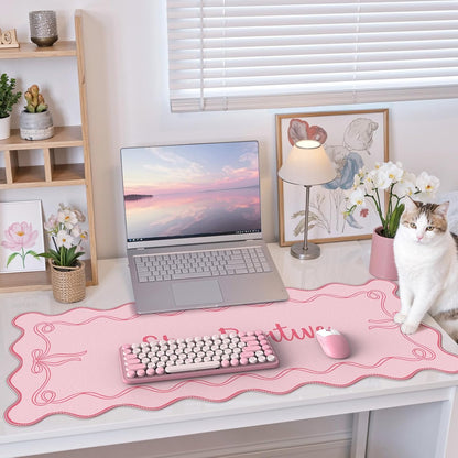 iCasso Pink Leather Desk Mat,Extra Large Scalloped Mouse Pad for Desktop,Waterproof PU Nail Table Mat,Cute Keyboard Mats for Women Girl,Non-Slip Desk Cover Mat for Office Home Dorm