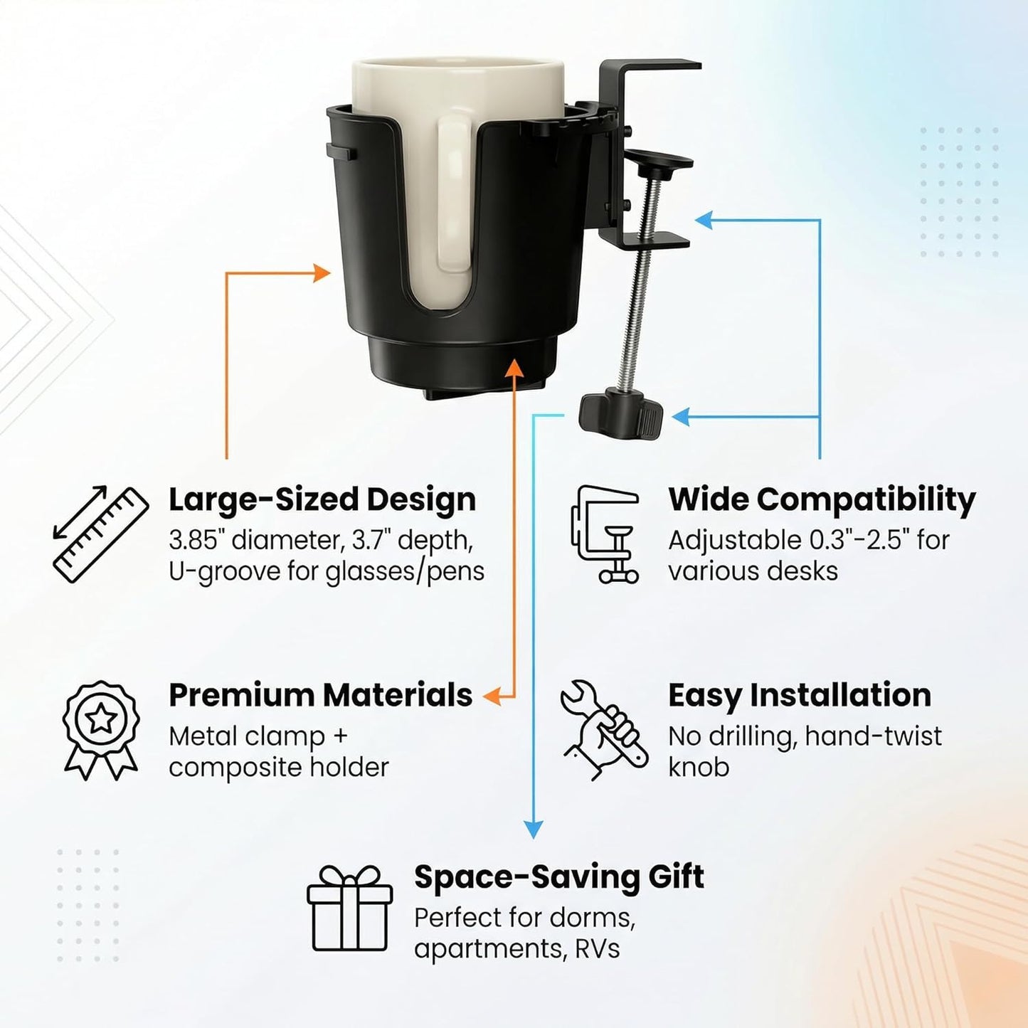 Desk Cup Holder with Large Metal Clamp, Fits Maximum Diameter of 3.38 inches Bottles, Anti-Spill Cup Holder Suitable for Tables, Porch Swings, and Patio Chairs. (Large)