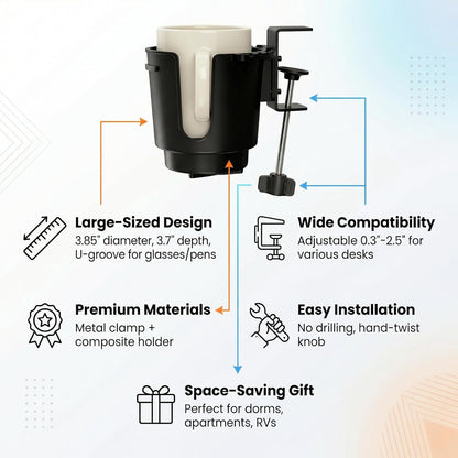 Desk Cup Holder with Large Metal Clamp, Fits Maximum Diameter of 3.38 inches Bottles, Anti-Spill Cup Holder Suitable for Tables, Porch Swings, and Patio Chairs. (Large)