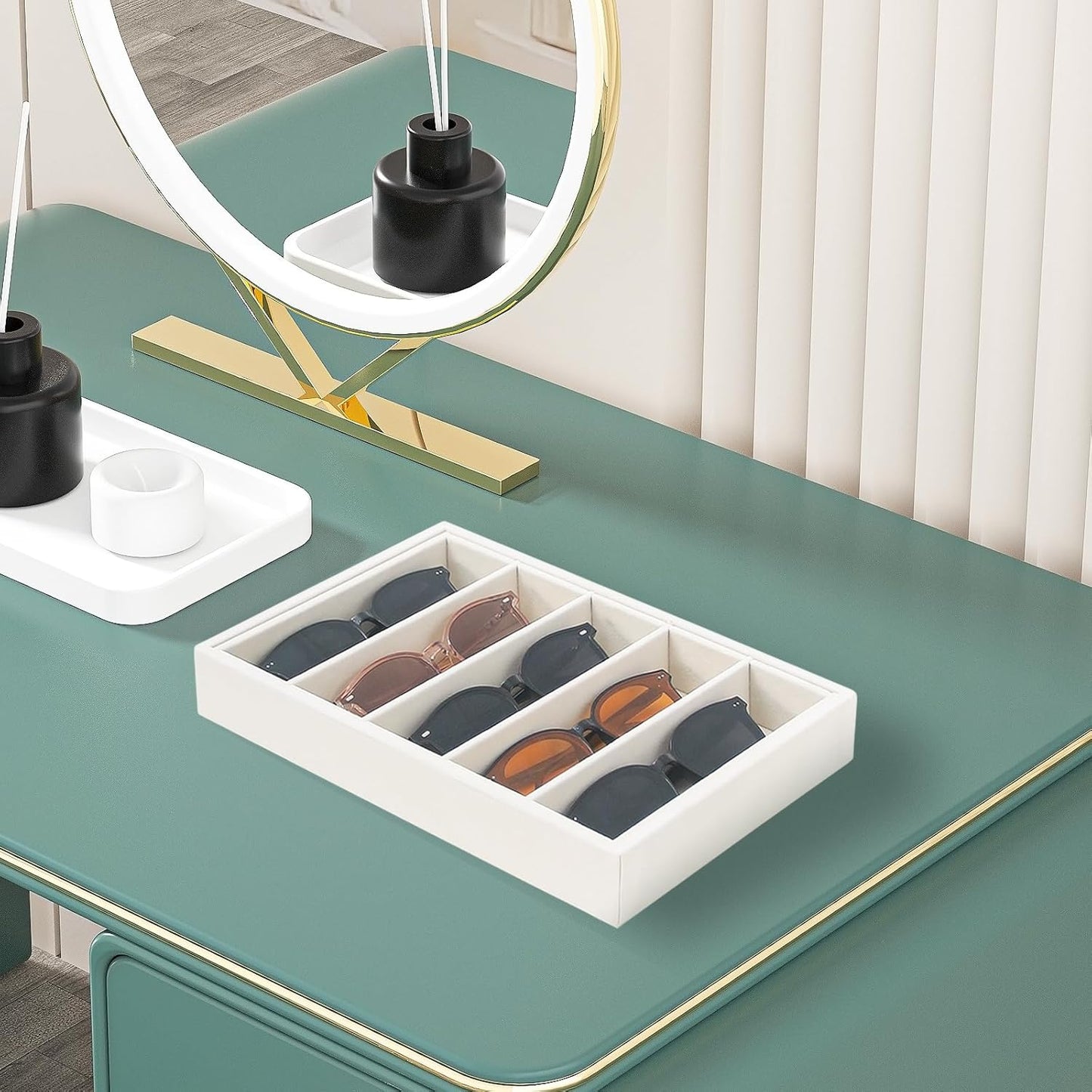 Bedside Organizer - Multi-use Holder for Desk Drawer, Nightstand, Desktop - Catchall Tray for Jewelry, Sunglasses, Phone, Watch, Perfume, Lipstick (Beige 5Grid)