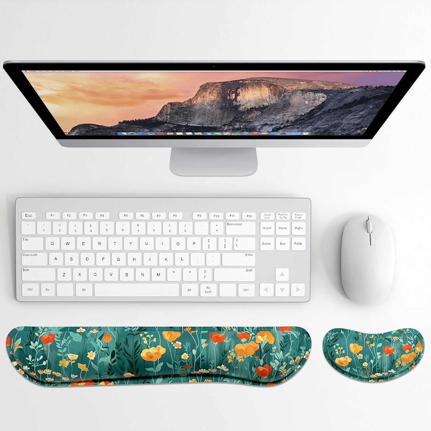 Dapesuom Enlarge Keyboard Wrist Rest, Memory Foam Wrist Cushion for Desk Mat Support, Cute Pain Relief Keyboard Mouse Pad Rests Set with Non-Slip Base for Gaming Laptop Office Computer, Elegant Flower