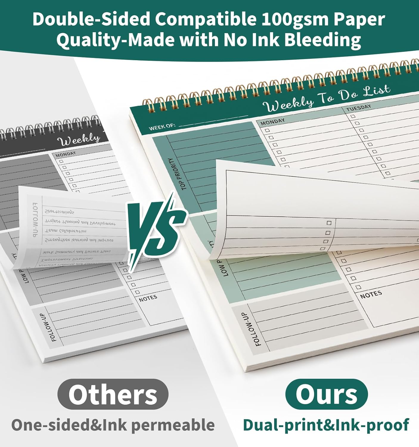 104 Pgs Weekly To Do List Notepad, 52 Duplex-Printed Undated Sheets 100 GSM（8.5"×11") Weekly Desk Planner For Work Home School Office Desk Accessories Supplies & Goal Setting Tasks - Green