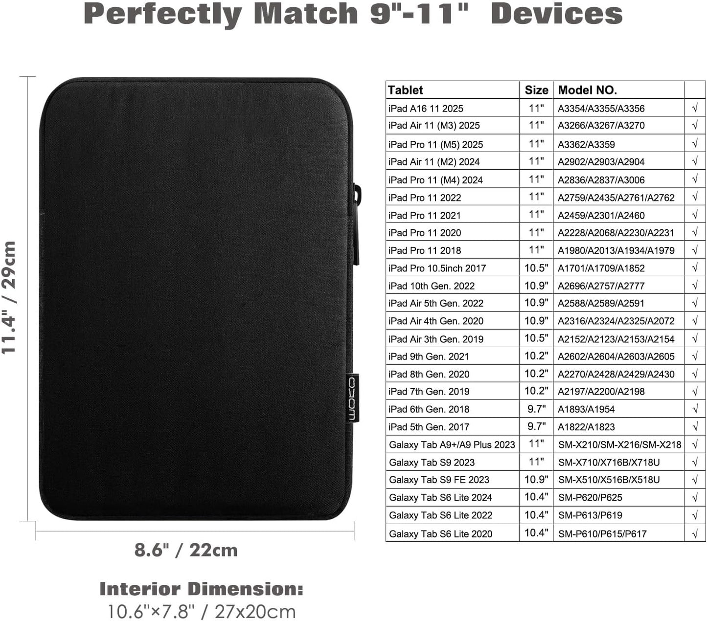 MoKo 7-8 Inch Tablet Sleeve Bag, Polyester Pouch Cover Case Fits iPad mini (A17 Pro) 8.3" 2024, iPad mini 6/5/4/3/2/1, Samsung Galaxy Tab S2 8.0, Tab A 8.0, ZenPad Z8s 7.9,Black