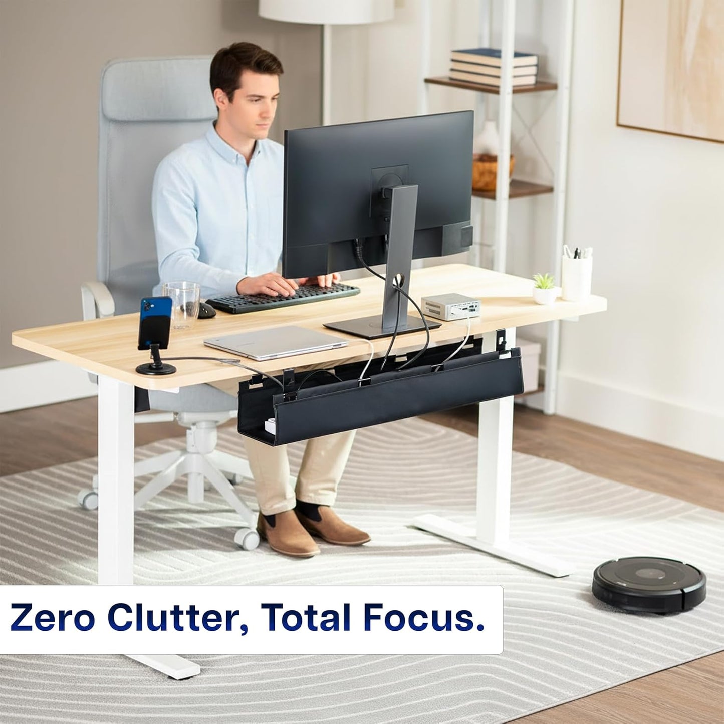 VIVO Screw-on Under Desk 16 inch Fabric Cable Management Tray, Wire Concealer, Power Strip Storage, Workspace Organization, Easy Fold Down Access, Black, DESK-AC16F-S