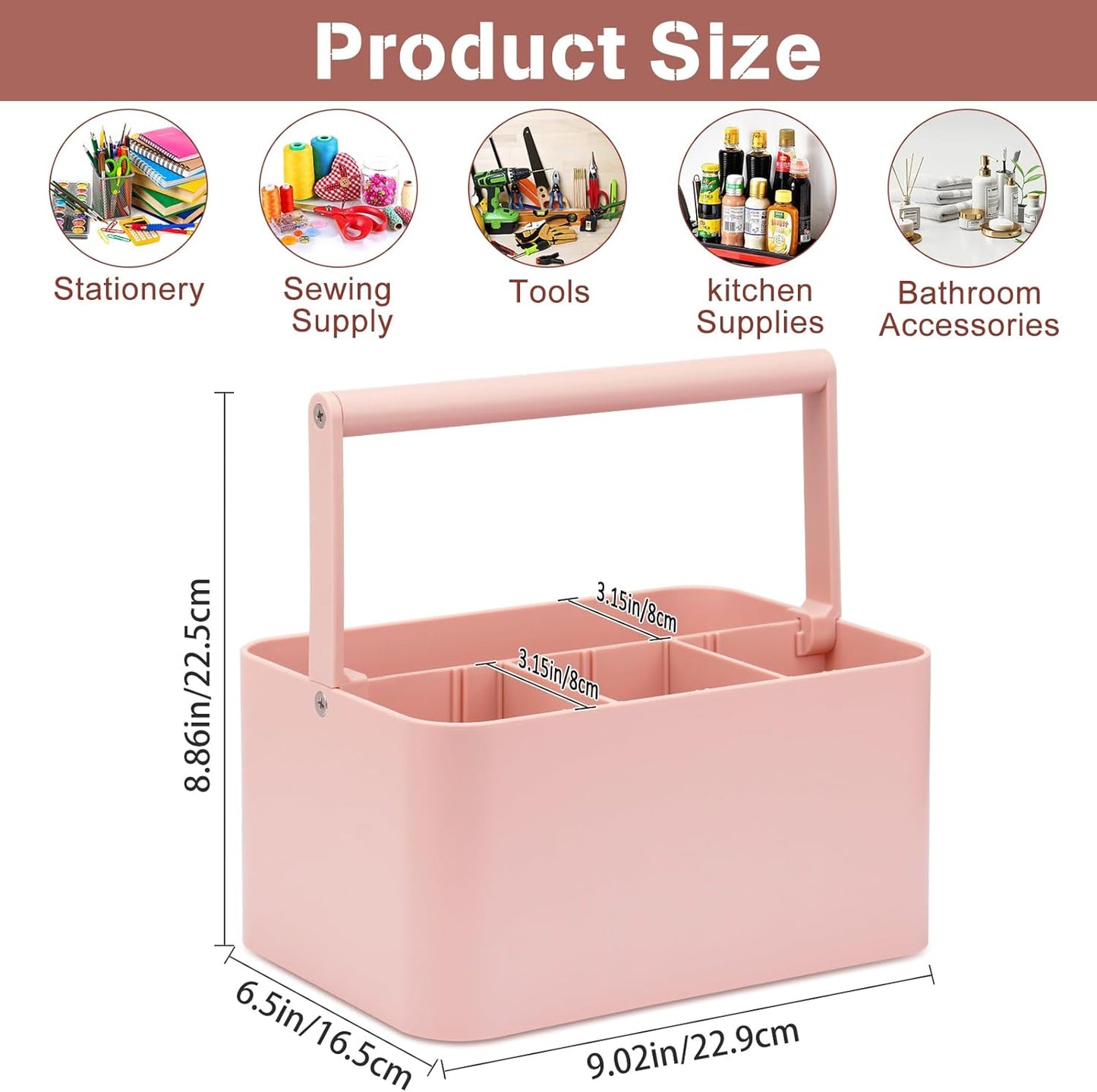 Multipurpose Caddy Organizer with Handle and Adjustable Divider, Portable Art Supply Storage Organizer for Art Craft Supplies, Dorm, Classroom, Office, Bathroom, Shower, Cleaning, Makeup (Pink)