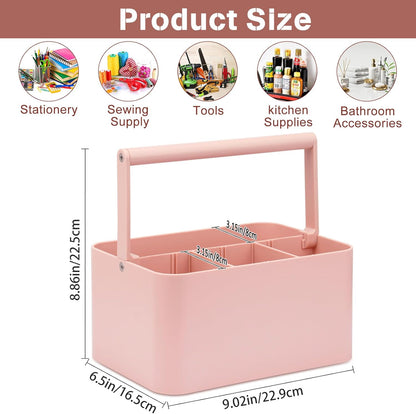 Multipurpose Caddy Organizer with Handle and Adjustable Divider, Portable Art Supply Storage Organizer for Art Craft Supplies, Dorm, Classroom, Office, Bathroom, Shower, Cleaning, Makeup (Pink)