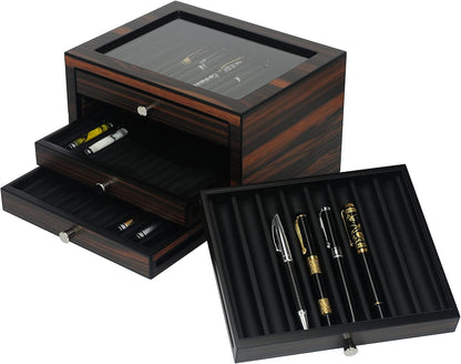 Stackable Wooden Display Case with Drawer – Slot Ebony Pen Cabinet, Luxury Fountain Pen Storage Box with Glass Window for Collection (2)