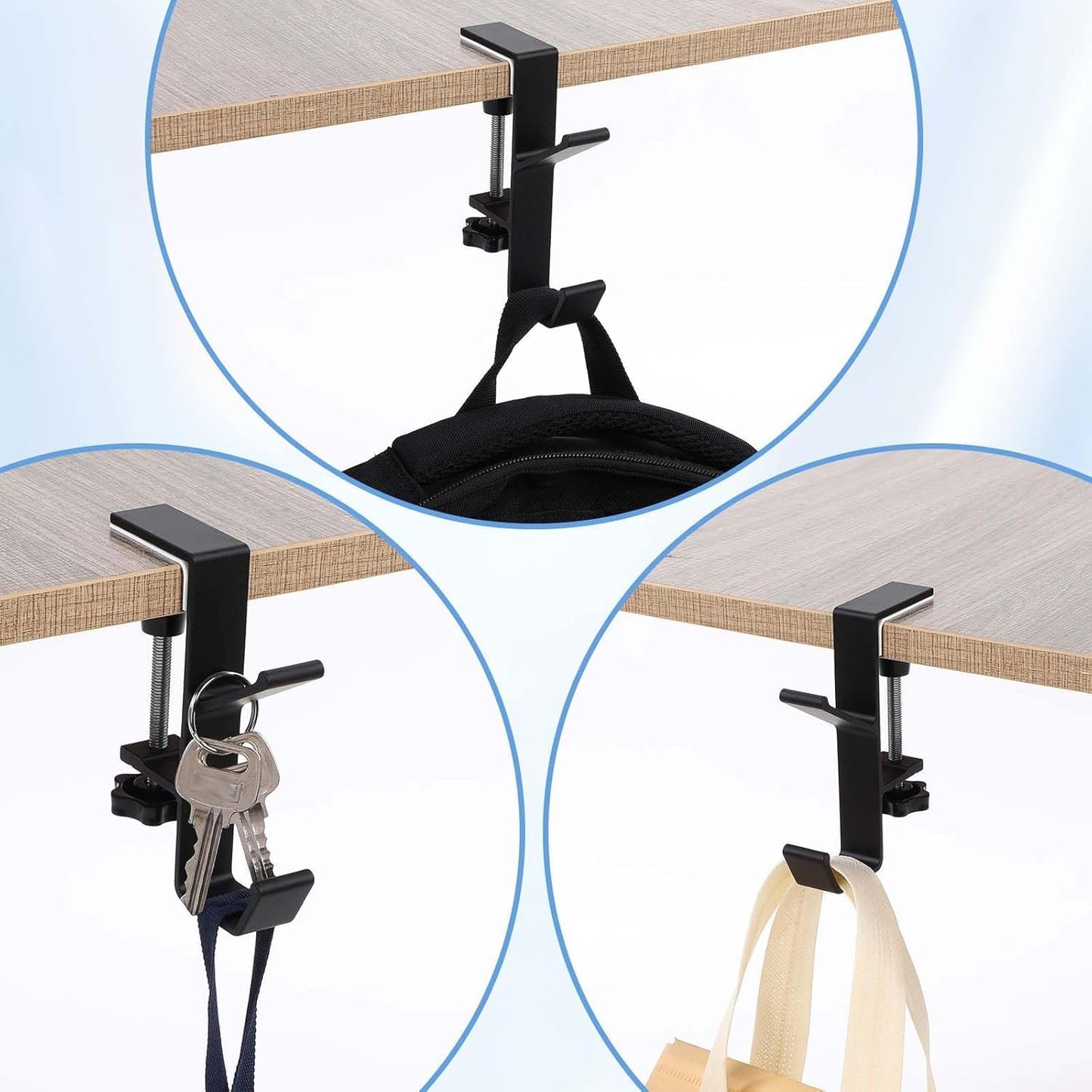2Pcs Clamp-On Under Desk Headphone Holder Backpack Hook Students' Desk Hook with Adjustable Arm Clamp Women's Bag Handbag and Purse Holder - Suitable for Plate Between 1-5cm / 0.4-1.96” - Black