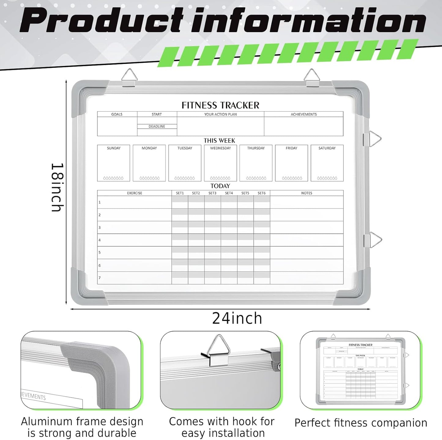 Lincia 16 x 12 Inch Fitness Tracker Whiteboard Workout Calendar for Home Gym Dry Erase Planner Hanging Removable to Do List for Wall Whiteboard with Aluminum Frame for Gym Program(Style A)