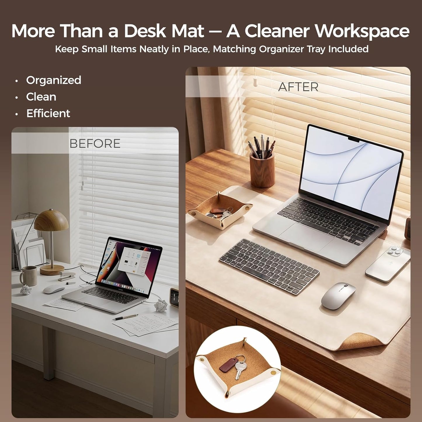 Premium Faux Leather Desk Mat & Tray Set，Innovative Cork-Look Printed Base，Gift Tube Packaging，Full-Desk Coverage，Non-Slip Desk Pad for Office Home（Olive Green）