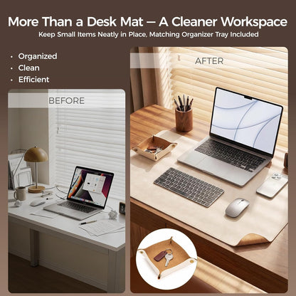 Premium Faux Leather Desk Mat & Tray Set，Innovative Cork-Look Printed Base，Gift Tube Packaging，Full-Desk Coverage，Non-Slip Desk Pad for Office Home（Olive Green）