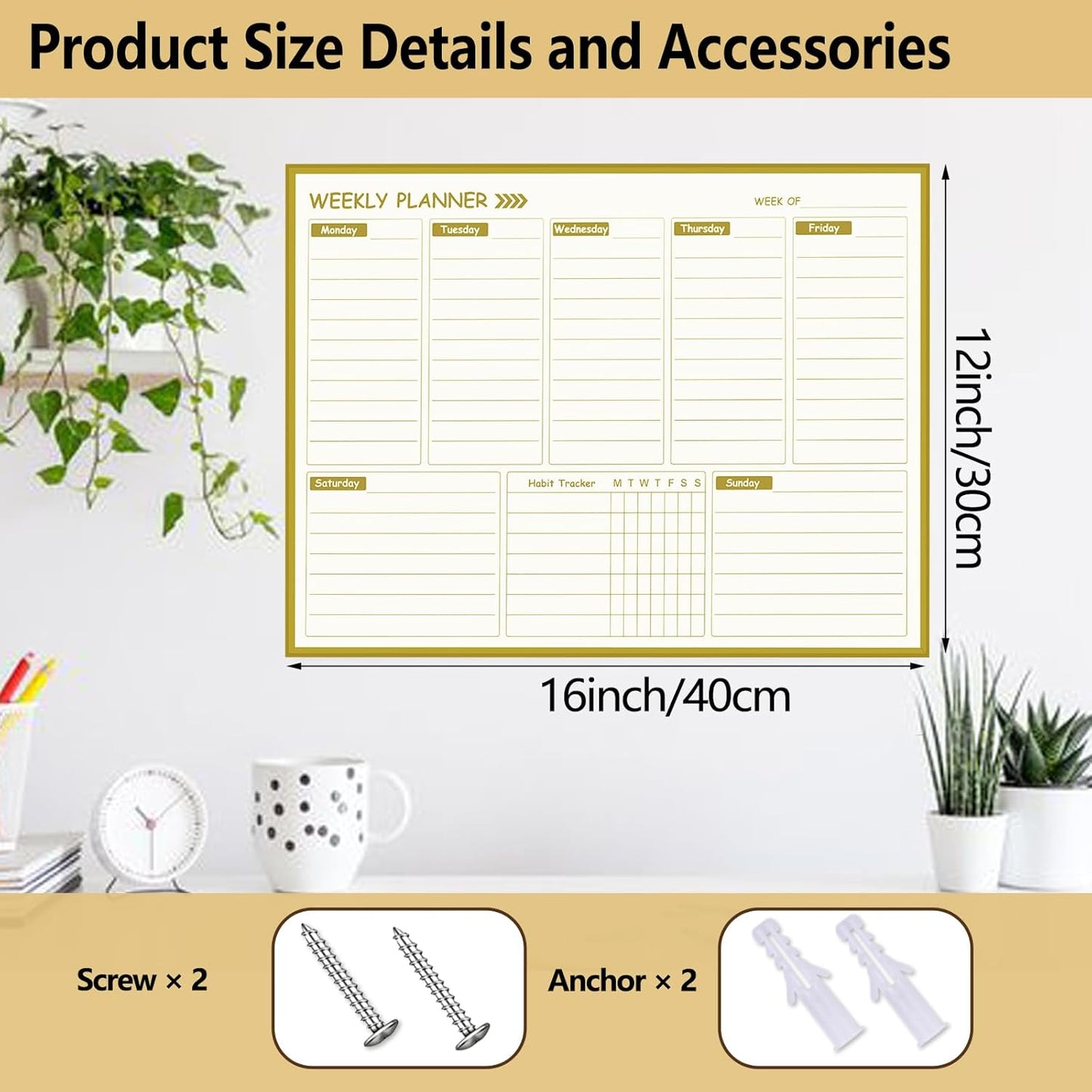 Gold Weekly Dry Erase Board for Wall,12"x16",Small Magnetic Dry Erase Weekly Calendar Board,Gold Metal Frame Weekly Planner Whiteboard for to Do List, Memo, School, Home, Office, Kitchen-GZ