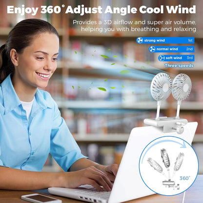 USB Monitor Clip on Fan via Flip-Open LED Light Bar, Two-Head Personal Cooling desktop Laptop Quiet USB Fan for Office, 3 Wind Speeds, for Flat, Curved Monitors (Deepsea Blue)
