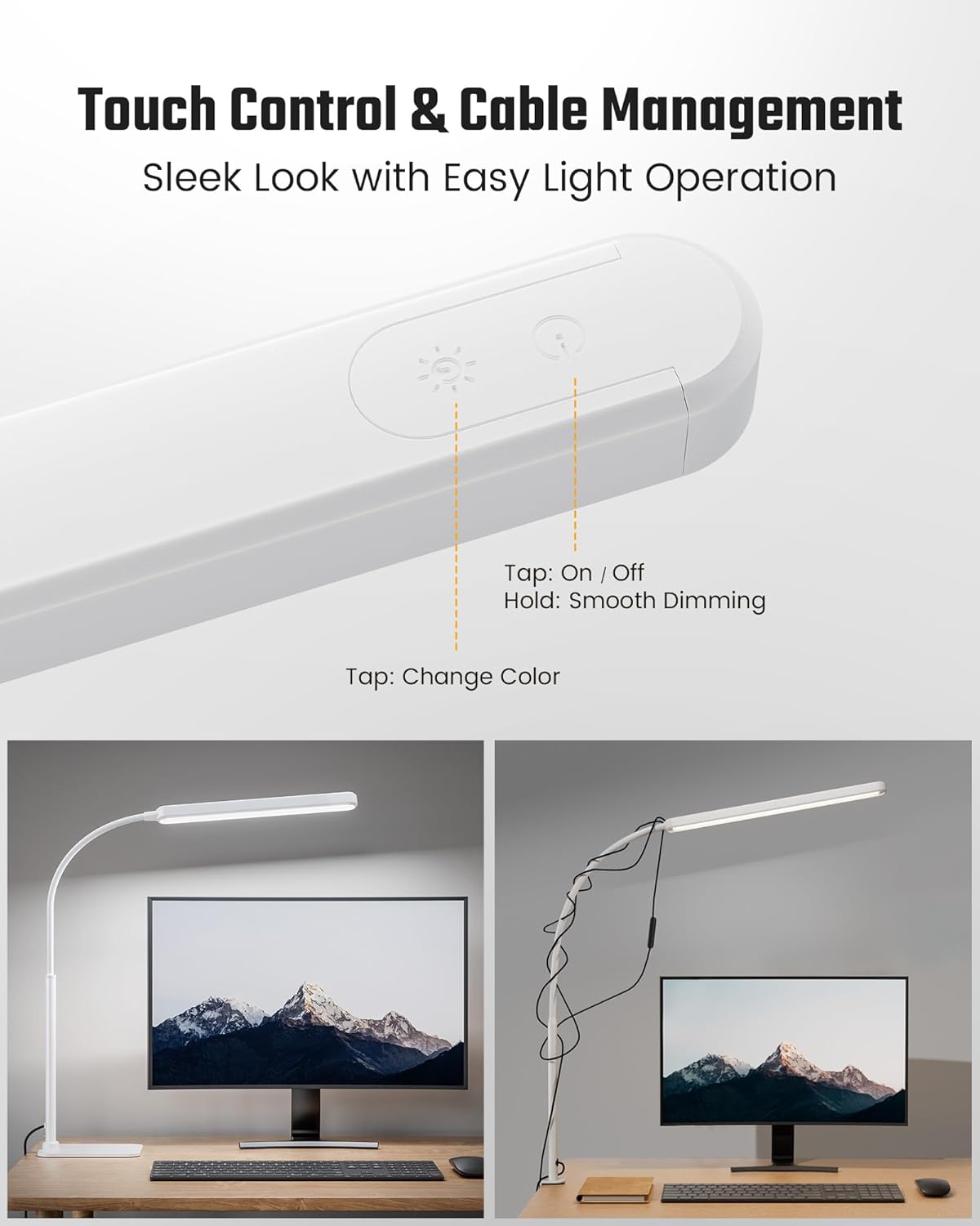 SUPERDANNY Eye-Caring LED Desk Lamp 360° Flexible Gooseneck Work Lamp with Desk Side Clamp Touch Control 3 Light Colors Smooth Dimming Task Lighting Reading Light for Home Office College Dorm, Black