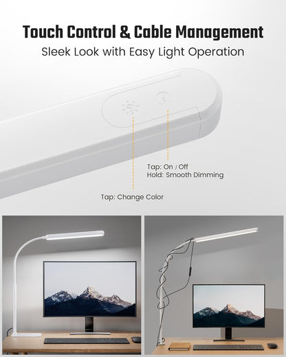 SUPERDANNY Eye-Caring LED Desk Lamp 360° Flexible Gooseneck Work Lamp with Desk Side Clamp Touch Control 3 Light Colors Smooth Dimming Task Lighting Reading Light for Home Office College Dorm, Black