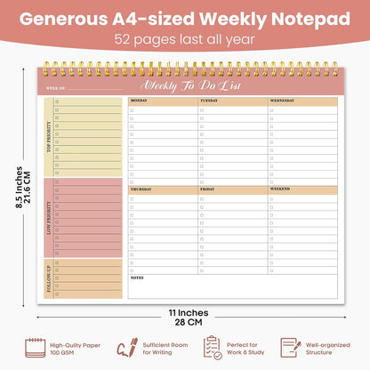 Weekly To Do List Notepad with 52 Undated Sheets（8.5"×11"）- Undated Weekly Planner Notepad for Office Desk Accessories and Supplies - Midnight Lilac