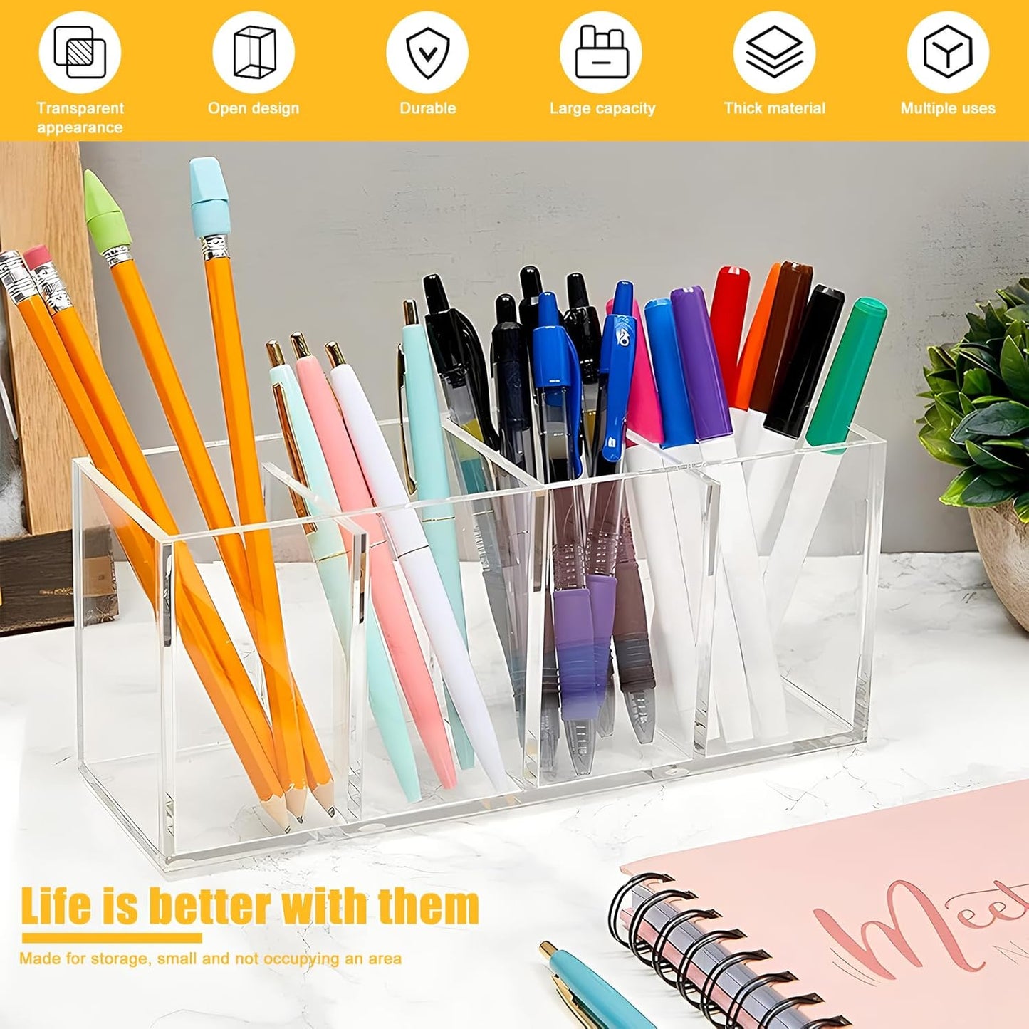 Cerpourt Black Makeup Brush Organizer,Acrylic Cosmetic Brushes Storage Holder with 3 Slots,Pencil Pen Holder for Desk,Desk Organizer and Accessories for Vanity