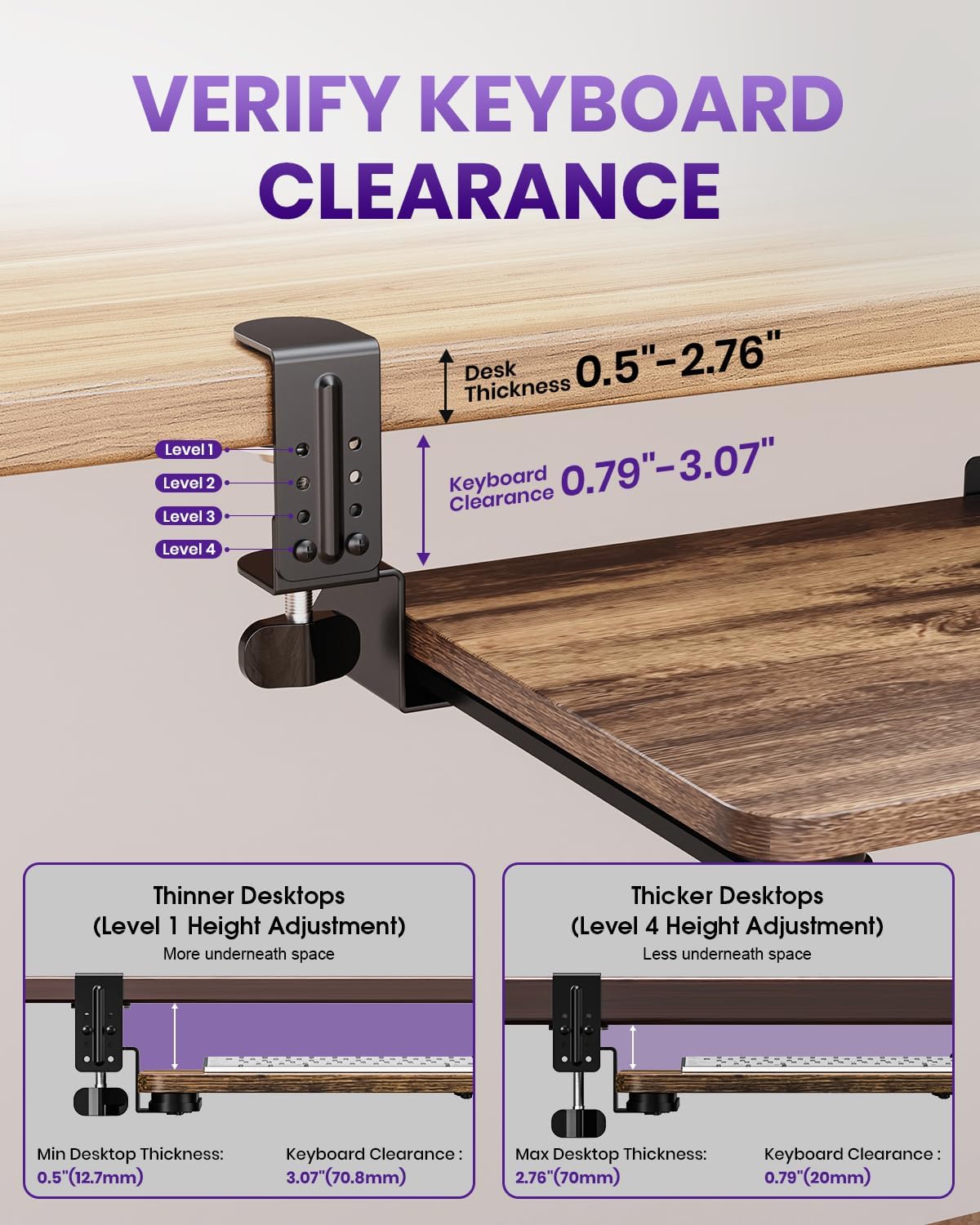 Ergonomic Mouse & Keyboard Tray Under Desk, Pull Out with Adjustable C-clamp, 20 (25.9 Including Clamps) x 11.8 Inch Slide Out Computer Keyboard Drawer Mouse Tray for Typing, Rustic Brown