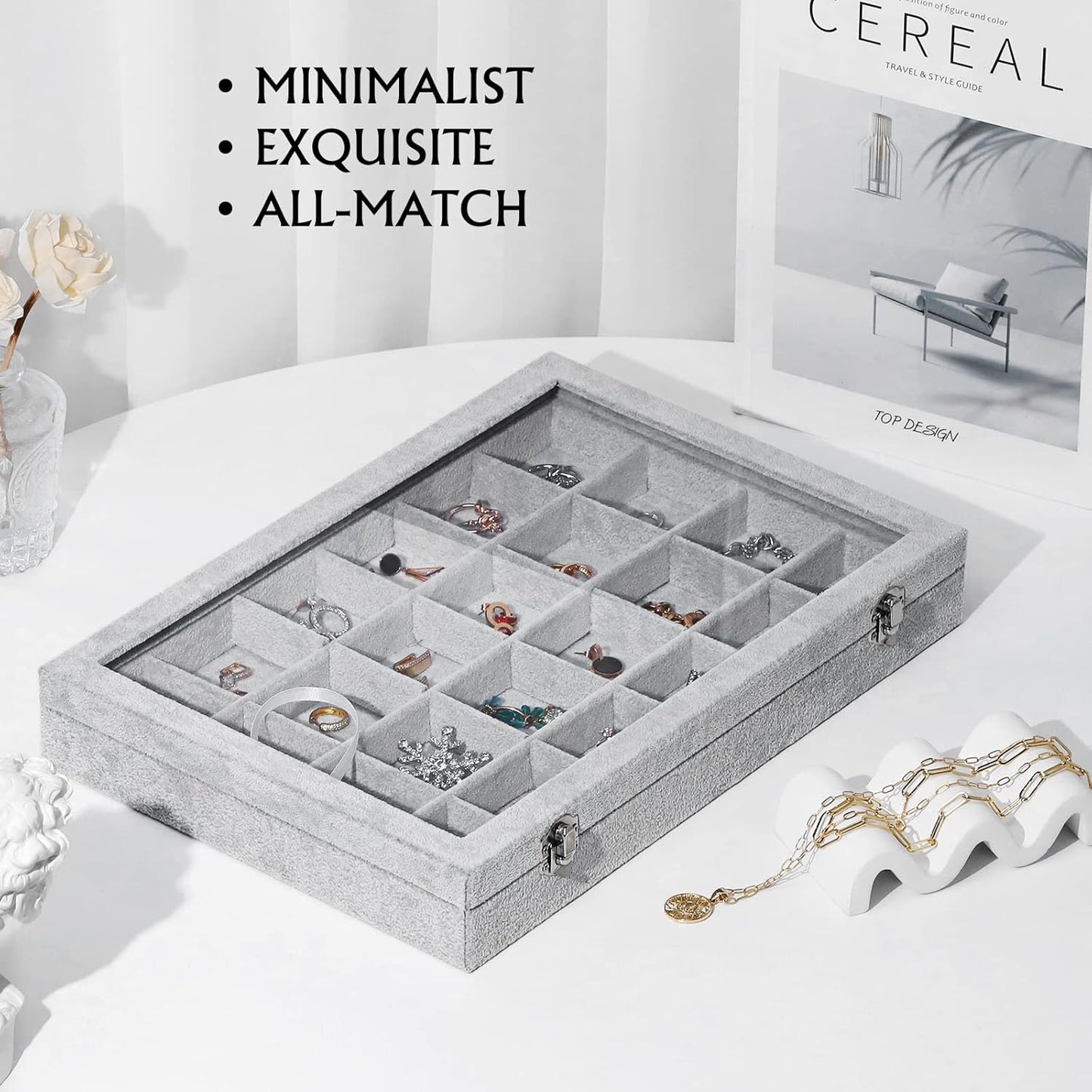 Emibele Glasses Organizer Jewelry Tray, 8 Grids with Clear Lid Velvet Tray Watch Storage Stackable Jewelry Showcase Display Storage with Detachable Inner Dividers, Beige