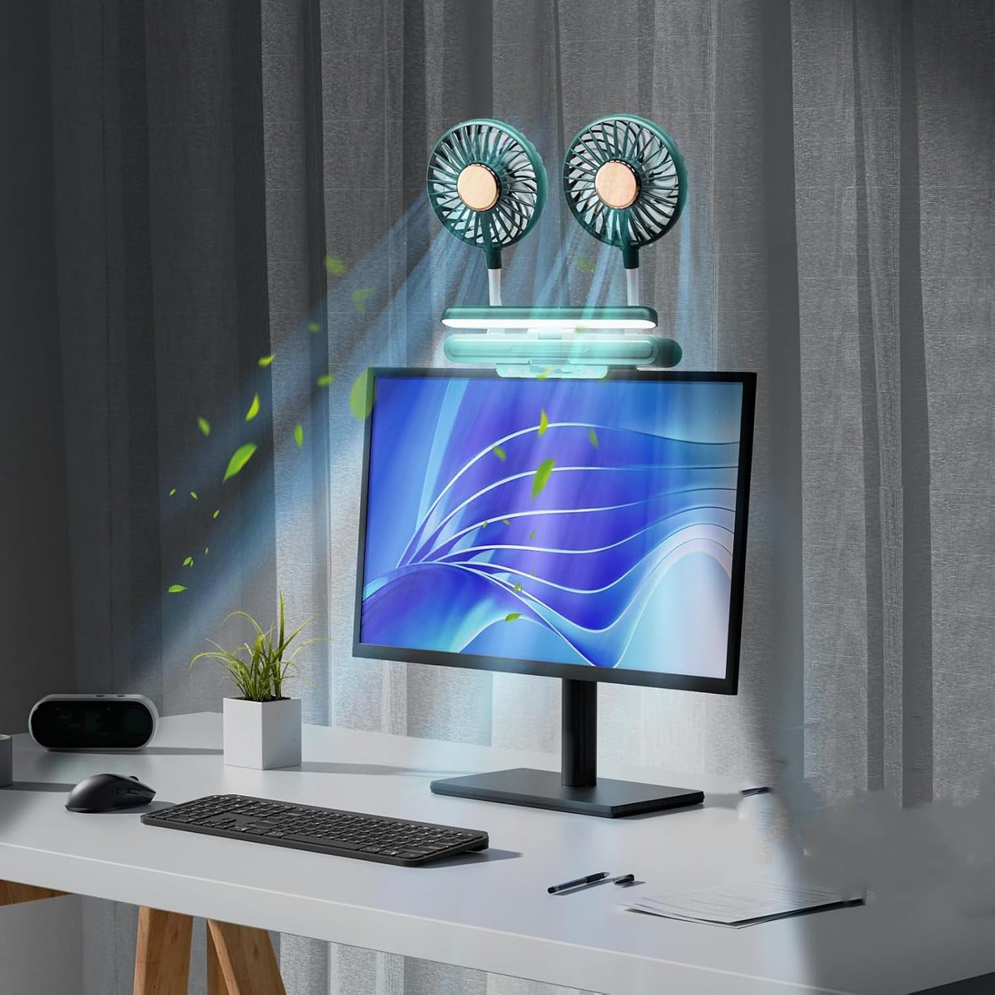 USB Monitor Clip on Fan via Flip-Open LED Light Bar, Two-Head Personal Cooling desktop Laptop Quiet USB Fan for Office, 3 Wind Speeds, for Flat, Curved Monitors (Deepsea Blue)