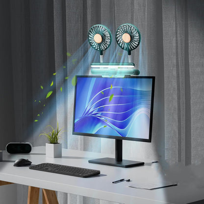 USB Monitor Clip on Fan via Flip-Open LED Light Bar, Two-Head Personal Cooling desktop Laptop Quiet USB Fan for Office, 3 Wind Speeds, for Flat, Curved Monitors (Deepsea Blue)