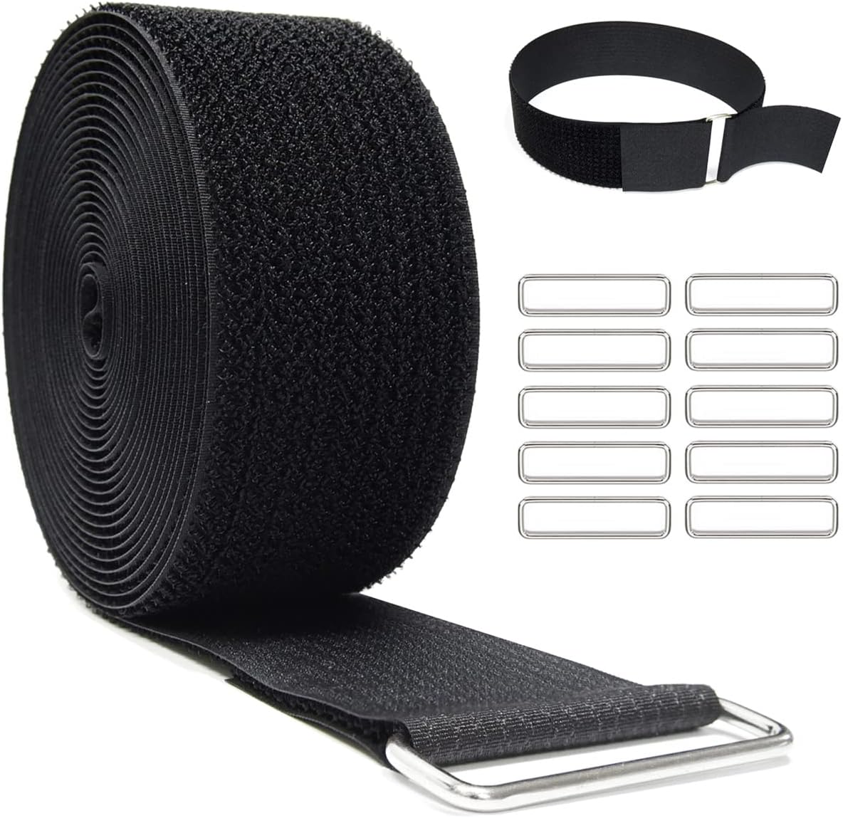 YMCRLUX 1"x32ft Hook and Loop Straps with 50 Metal Buckles, Adjustable Fastening Cable Straps, Cut-to-Length Cinch Strap, Reusable Nylon Securing Cord Ties for Organizer or Storage, 1 inch Wide, Black