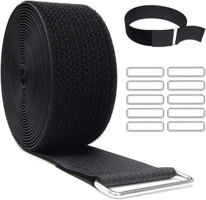 YMCRLUX 1"x32ft Hook and Loop Straps with 50 Metal Buckles, Adjustable Fastening Cable Straps, Cut-to-Length Cinch Strap, Reusable Nylon Securing Cord Ties for Organizer or Storage, 1 inch Wide, Black