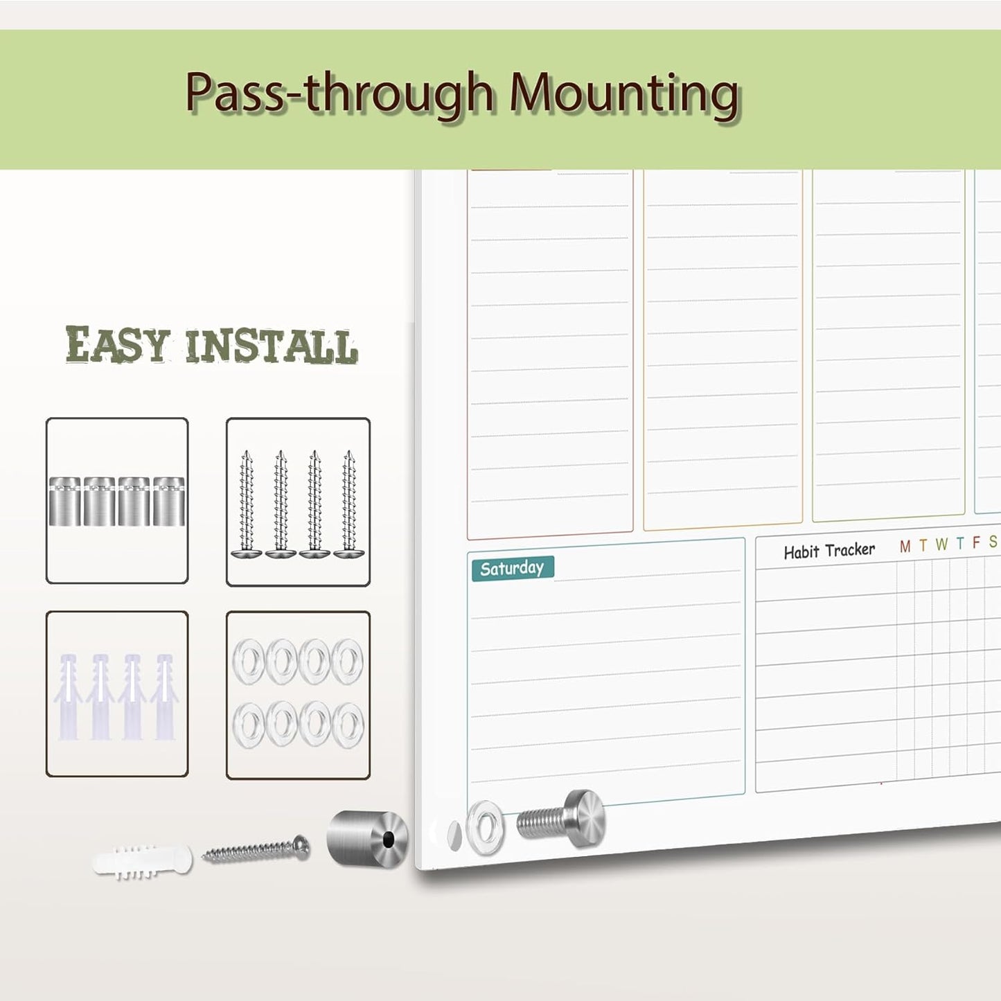 Glass Colorful Weekly Dry Erase Calendar Whiteboard for Wall,24"x 36",Frameless Mounting,Office/School/Home, Frameless Large Planner White Board