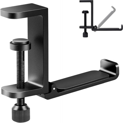Metal Heavy Duty Foldable Headphone Holder for Desk, Headset Stand for Desk,Backpack Holder Hook for Desk,Bag Hook Under Desk,Clamp Hook for Desk Attachments,Black
