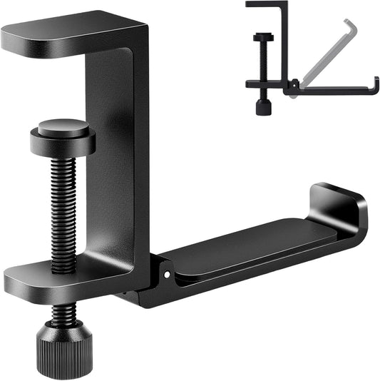 Metal Heavy Duty Foldable Headphone Holder for Desk, Headset Stand for Desk,Backpack Holder Hook for Desk,Bag Hook Under Desk,Clamp Hook for Desk Attachments,Black