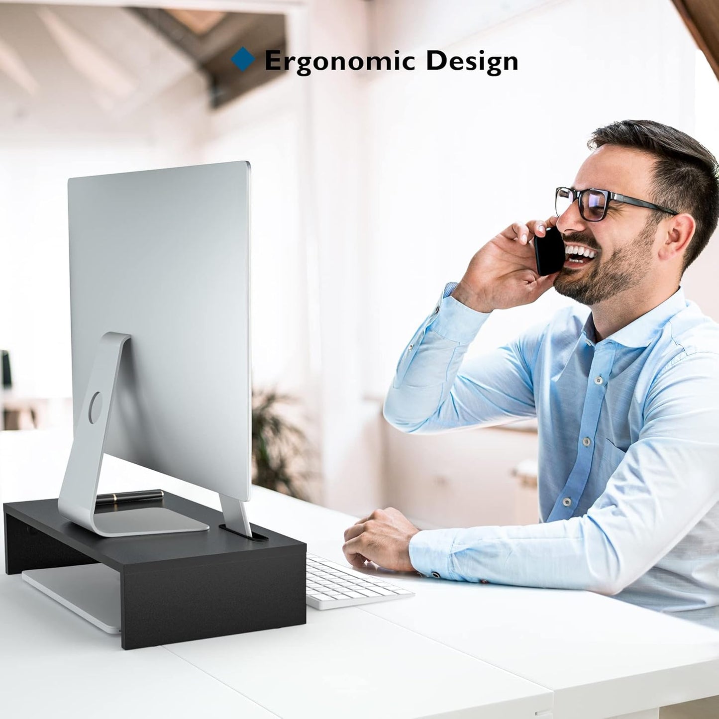 BONTEC Wooden Monitor Stand Riser for Desk, 2-Tier Computer Monitor Stand with Storage, 66 lbs Desk Shelf Organizer, Laptop & Printer Stand with Phone Holder and Cable Management, White, 16.5 Inch