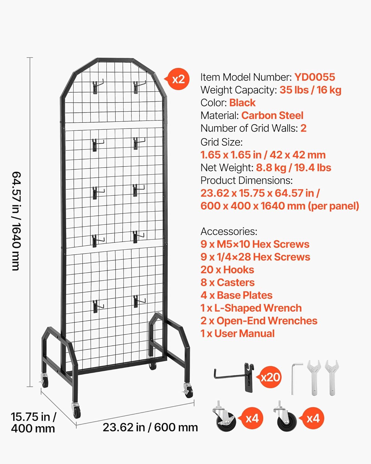 VEVOR 2 Packs Grid Wall Panels, 1.9 x 5.4 ft Wire Grid Panels Display Rack, Movable Art Display Shelf with Wheels and 20 Hooks, Black Carbon Steel Gridwall for Craft Show, Decor, Storage, Notice Board