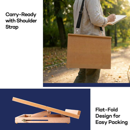 Artkey Beech Wood Tabletop Easel, Adjustable 0-65° Desktop Drawing Board for Painting, Sketching & Drafting, Folds Flat Portable Art Easel with Shoulder Strap, 17.3" x 12.9"