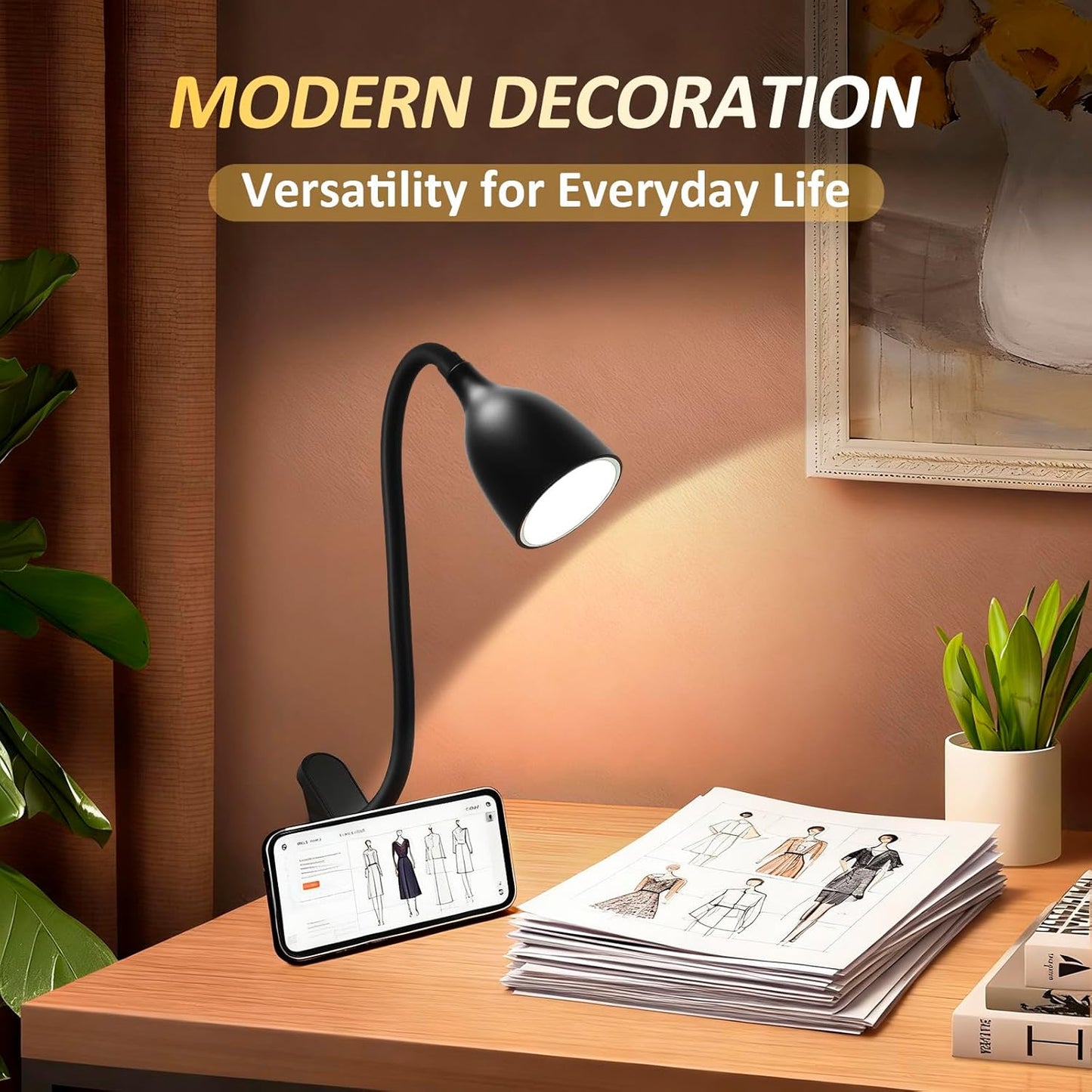 EJIAXIN Desk Lamp for Home Office - Clip on Reading Light and Bed Headboard Clamp Lamp, Bedside Gooseneck Table Lamp, Clip on Desk Lamps, Eye-Caring Desk Lamp for College Dorm Room Study Lamp, White