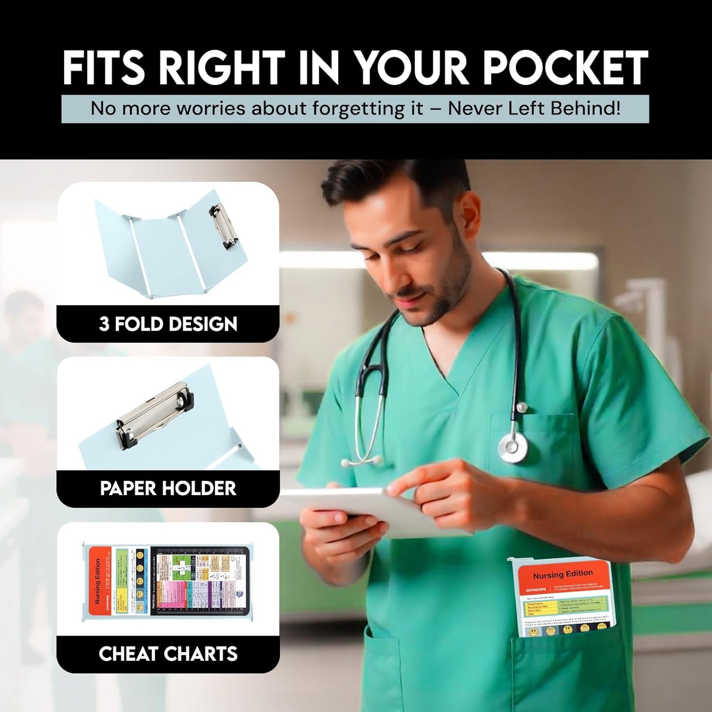 Nursing Clipboard Foldable with Medical Edition Cheat Sheets, 3 Layers Aluminum Foldable Clipboard for Nursing, Notepad for Students, Nursing School Essentials (Black)