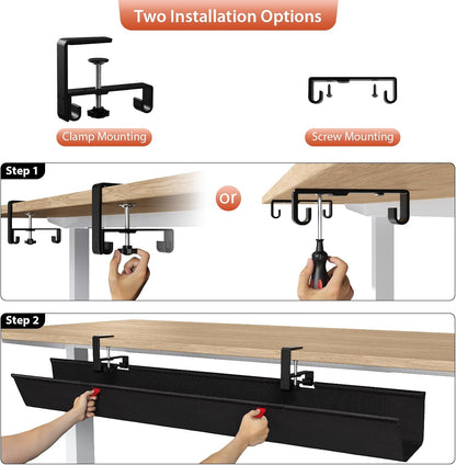 Univivi No Drill Under Desk Cable Management Tray, 36" Cord Organizer for Table, Clamp/Screw Mount Desk Cable Management, Premium Fabric Cable Management Tray for Office, Home