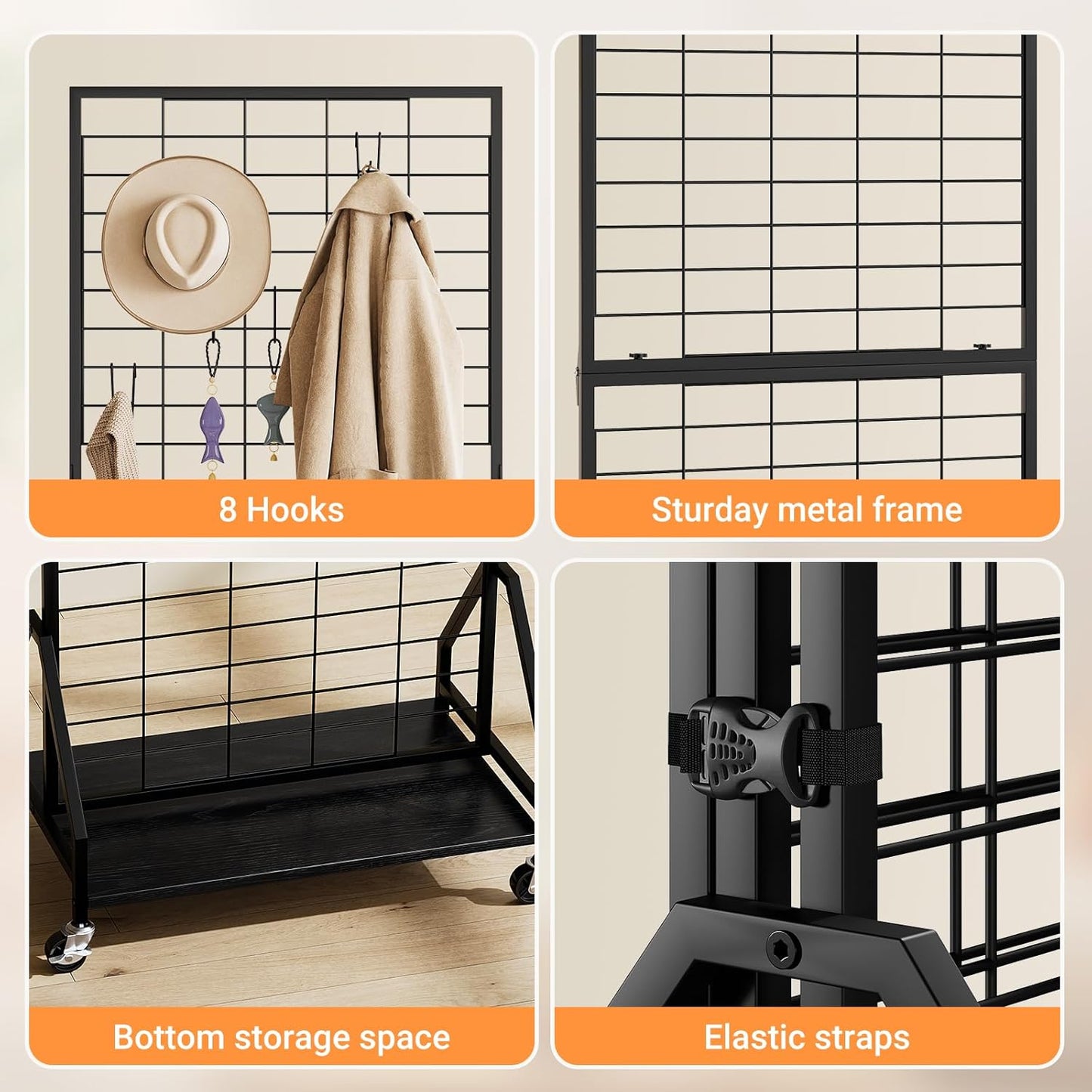 ELYKEN Foldable Grid Wall Panels 5.7' x 2' FT, Movable Wire Gridwall Display Rack with Wheels and Adjustable Foots, Retail Display Stand for Vendor with Storage (Rustic Brown)