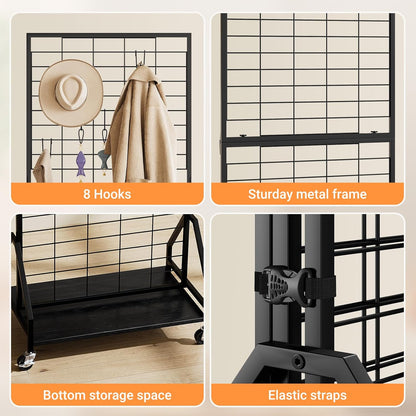 ELYKEN Foldable Grid Wall Panels 5.7' x 2' FT, Movable Wire Gridwall Display Rack with Wheels and Adjustable Foots, Retail Display Stand for Vendor with Storage (Rustic Brown)