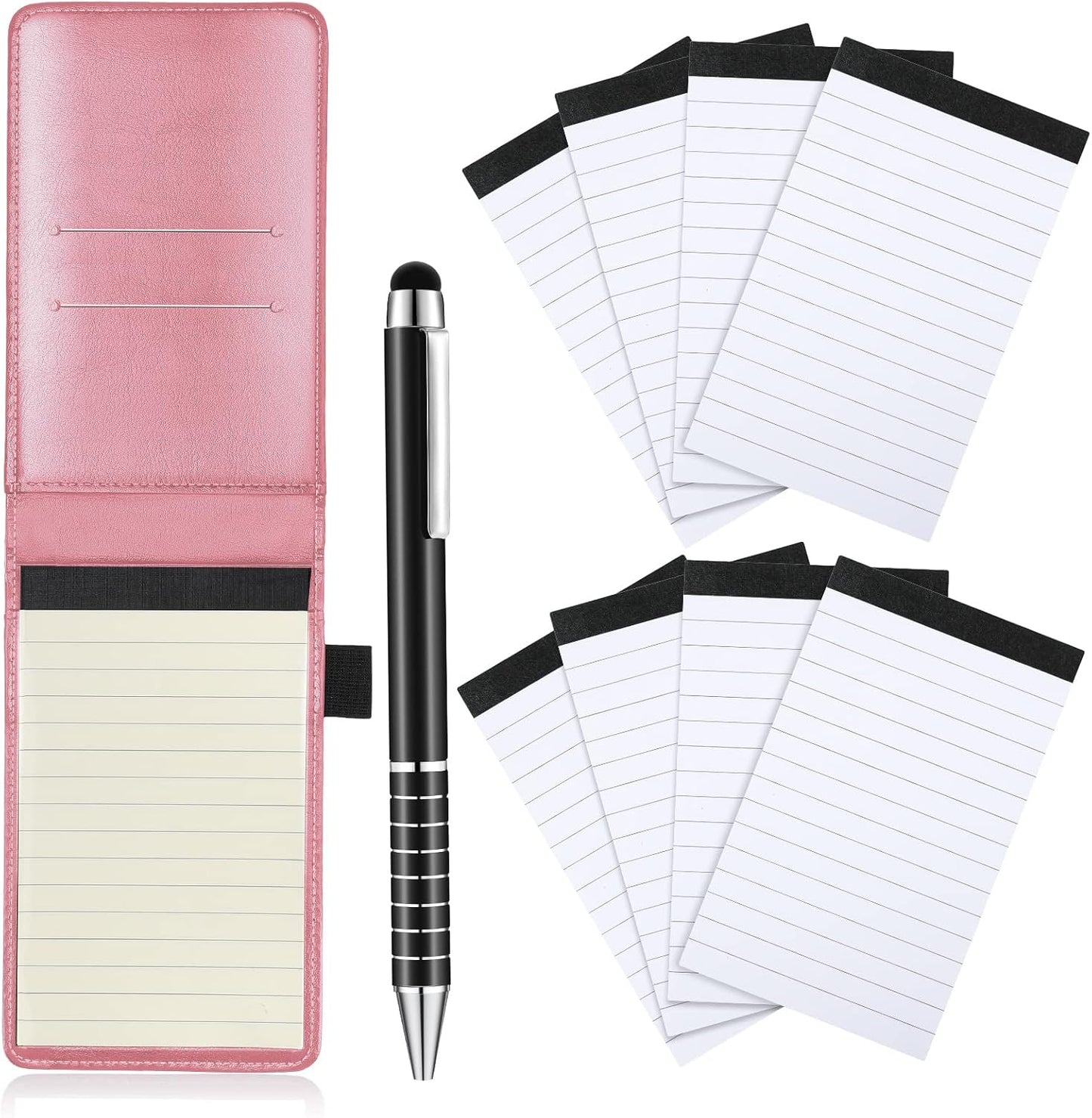 Outus 10 Pcs Mini Pocket Notepad Holder Set Included Small Leather Pocket Notebook Holder with 50 Lined Sheets, Metal Pen, 8 Pcs 3 x 5 Inch Memo Book Refills, 30 Lined Paper Per Note Pad (Black)